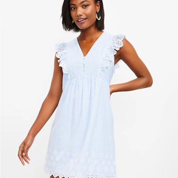 LOFT Dresses & Skirts - LOFT Striped Eyelet Button Ruffle Swing Dress XXS